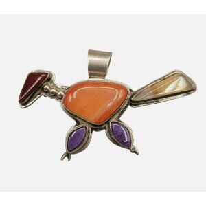 M Lee Navajo Artist Roadrunner Pendant Brooch Charoite Spiny Oyster Sterling 925